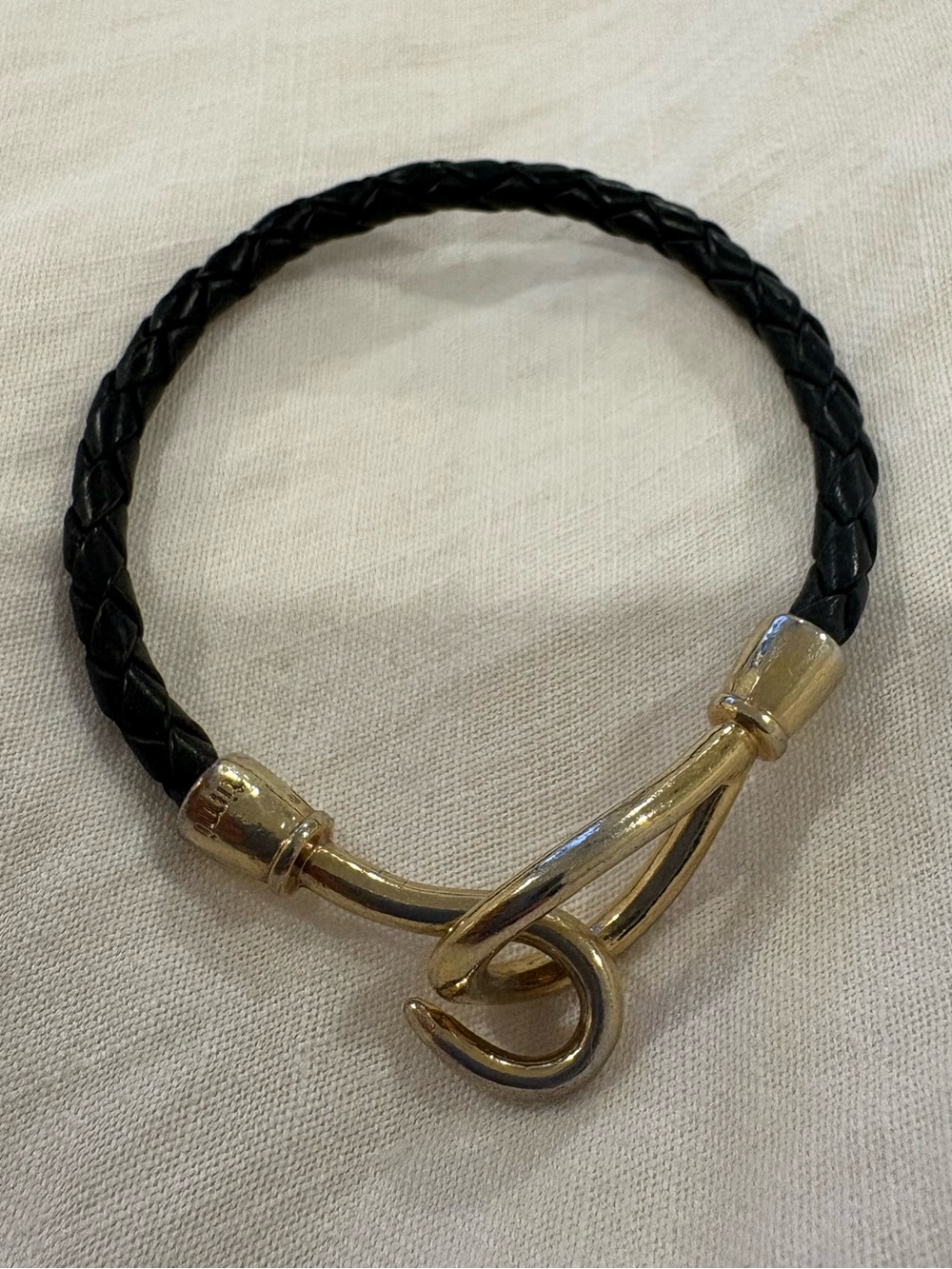 Black Braided Leather Bracelet with Gold Hook Clasp